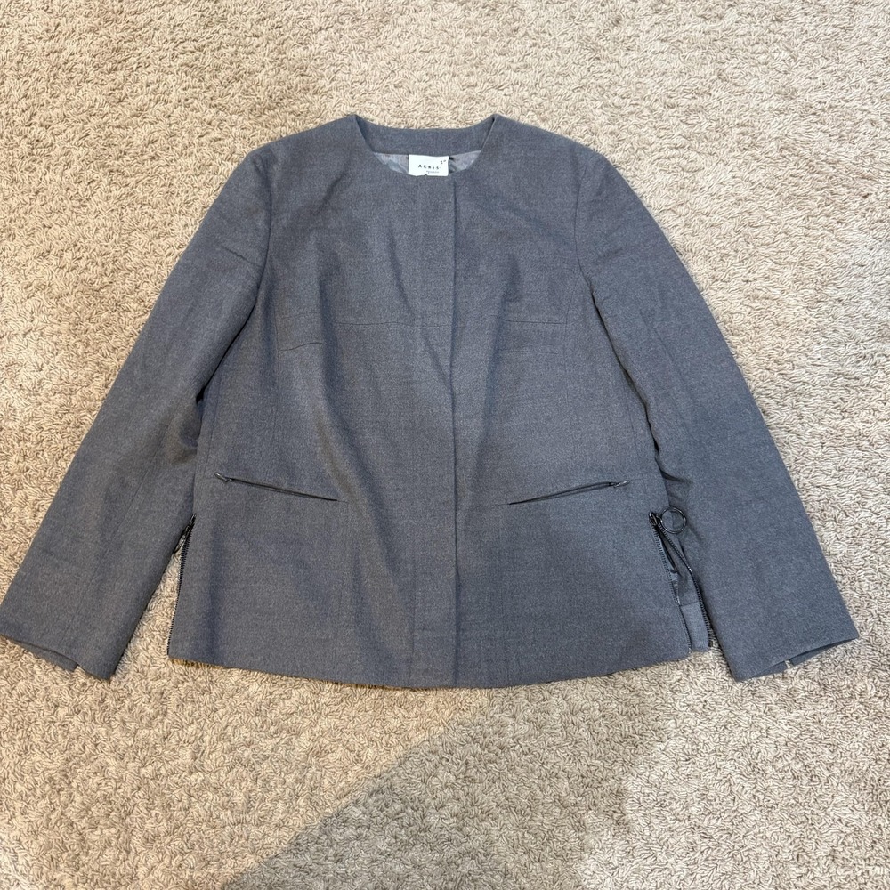 Akris Punto Jacket Womens 12 Gray Wool Zip Front Flannel Lined Pockets Office